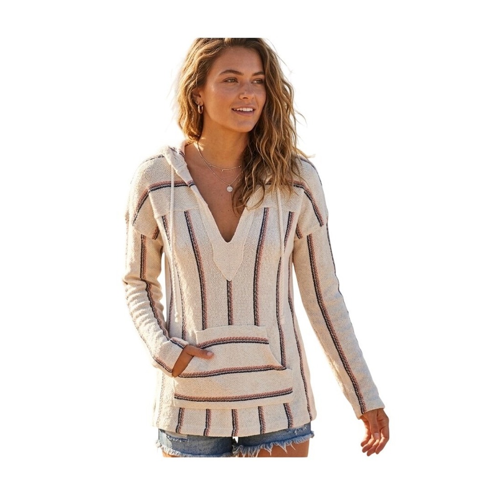 Ron Jon Baja Beach Hoodie Sweater Cream Striped Soft Knit‎ Pullover M